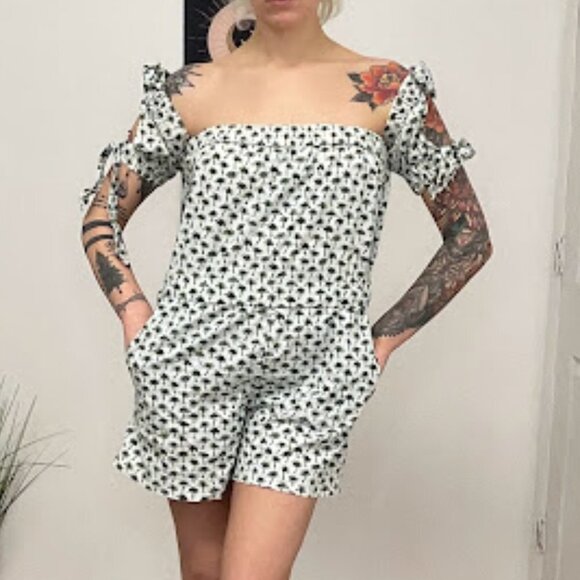 Milly Off the Shoulder Palm Tree Zoey Romper Elastic Waist Size 0 Green/White - Picture 5 of 12